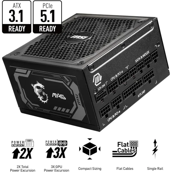 MSI MAG A1000GL PCIE5.1 1000W 80 Plus Gold Modular Power Supply (PSU)