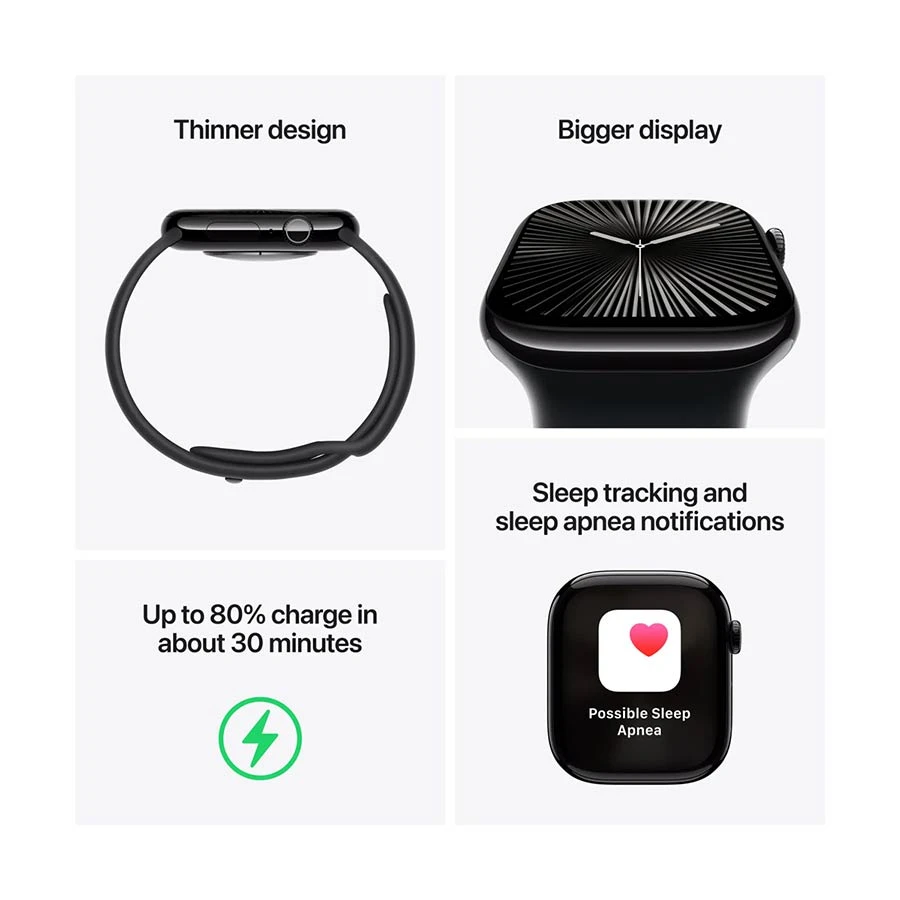 Apple Watch Series 10 46mm (GPS) Jet Black Aluminum Case with Black Sport Medium Large Band