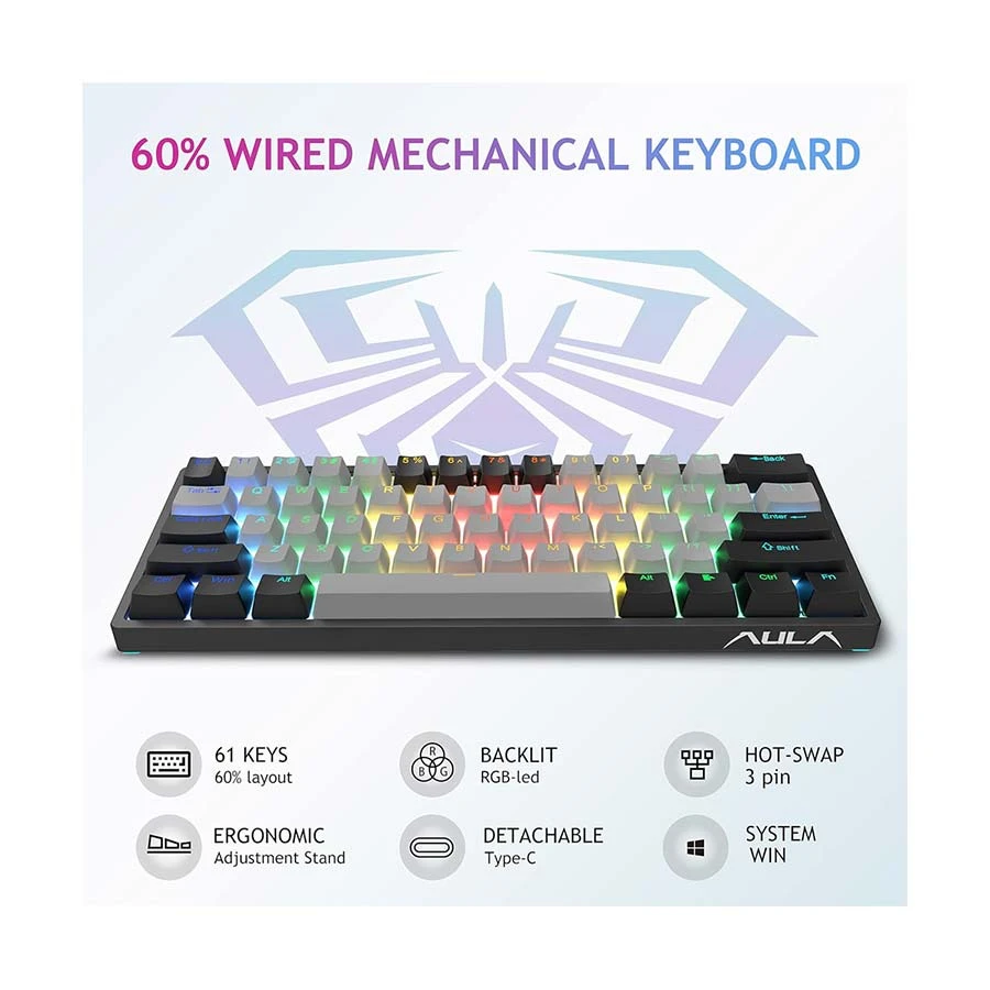 Aula F3261 RGB Hot Swap (Blue Switch) Wired Black &amp; Gray Mechanical Gaming Keyboard