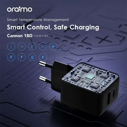 Oraimo Cannon 18D Dual Port 18W Charger Adapter with Lighting Cable