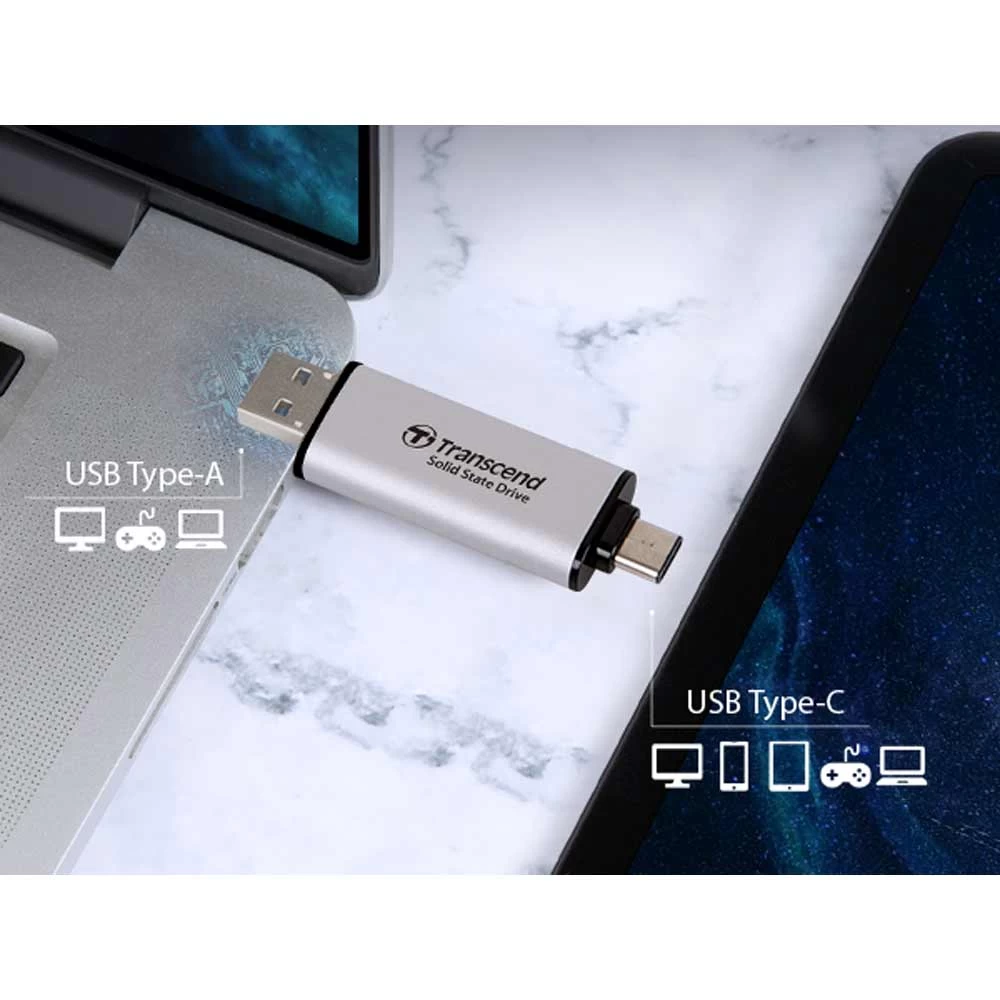 Transcend ESD310S 512GB USB Type-A &amp; Type-C OTG Silver Portable SSD